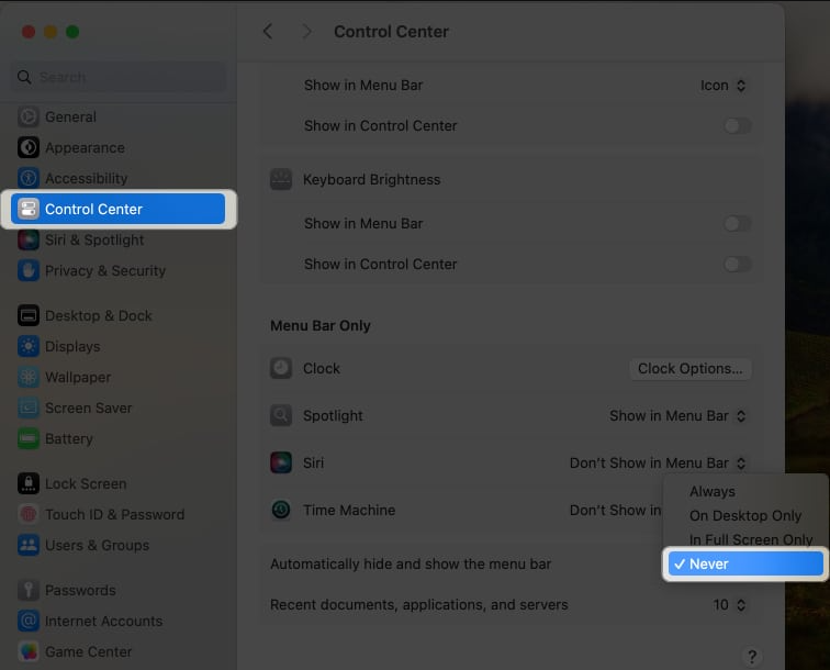 How to always show menu bar in full screen mode in macOS Sonoma & Ventura {2024}